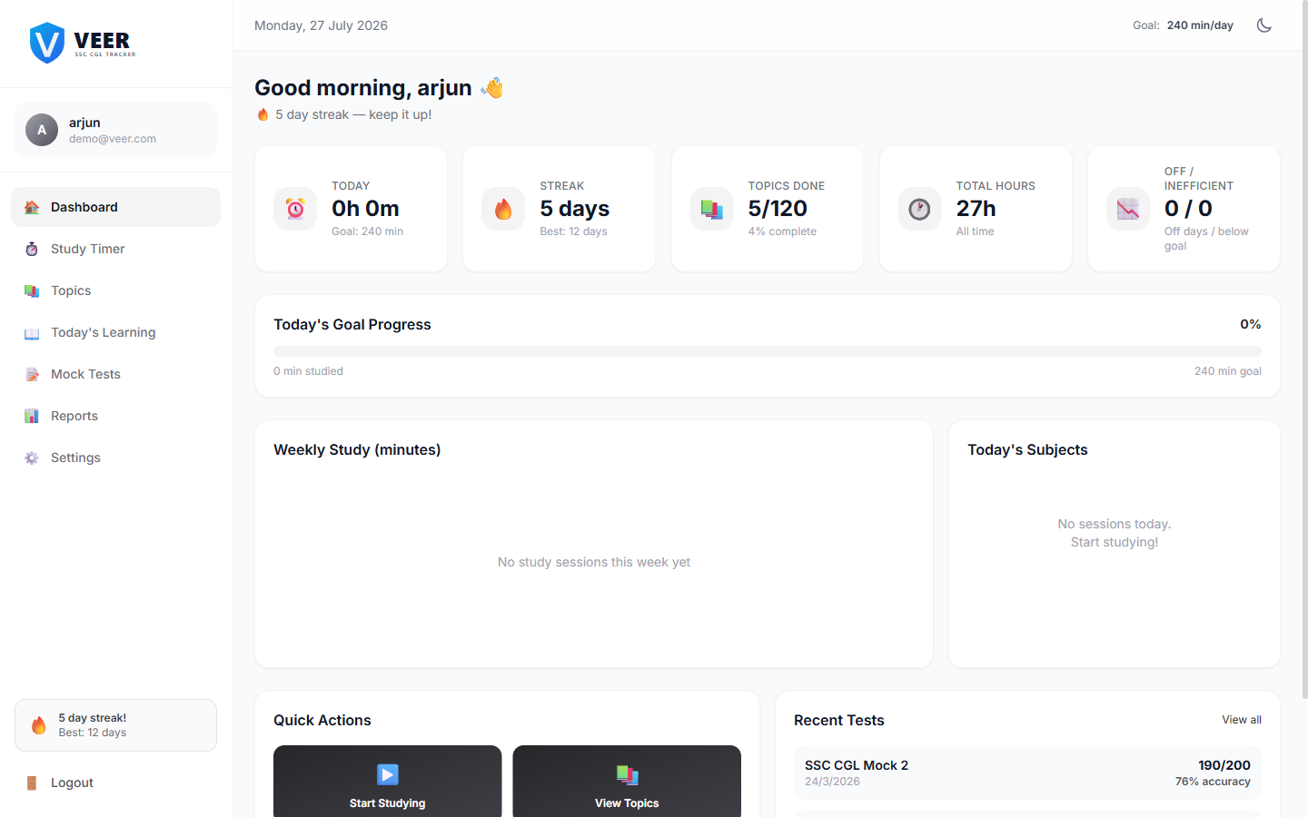 Veer — SSC CGL Study Tracker screenshot
